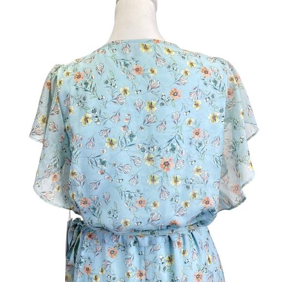 DREW Maggie Floral Wrap Dress Sz L Blue Ruffles Flounce Spring Cottagecore NWT - Picture 8 of 12